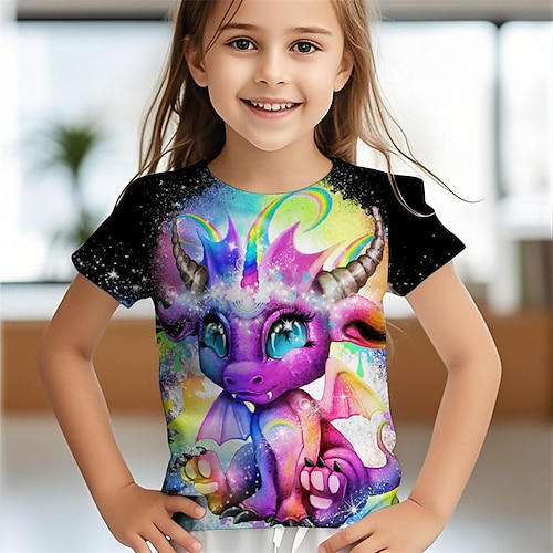 Rainbow Lil Dragonz von Sheena Pike Mädchen 3D Regenbogendrache T-Shirt Kurzarm Sommer Frühling Mode Basic Kinder 4-12 Jahre Rundhalsausschnitt Outdoor Casual Alltag Normale Passform Image