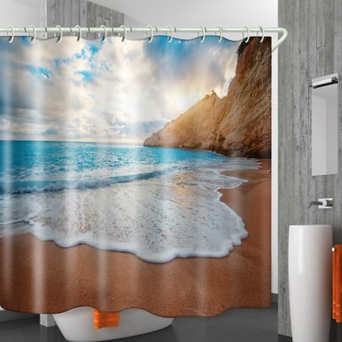 Duschvorhang mit Haken 200 cm hoch Geeignet zur Trennung von nassen und trockenen Zonen Badezimmer Wasserfest Öl-beständig Küsten Sonnenuntergang Landschaftsmuster Badvorhang Image