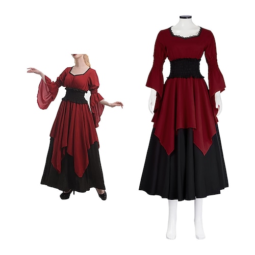 Retro Vintage Viktorianisch Mittelalterlich Kleid Überkleid Trompetenärmel Rüschenärmel Dame Wikinger Irisch Elfen Quadrathals Kostüm Damen Halloween Maskerade Alltagstauglich Renaissance-Messe Image