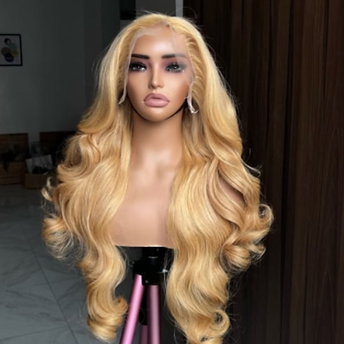 Remy Echthaar 5x5 Verschluss 13x4 Spitzenfront Perücke Freier Scheitel Brasilianisches Haar Gewellt Blond Perücke 130% 150% Haardichte mit Babyhaaren 100% Unbehandelt Kleberfrei Vorgerupft Für Damen Image