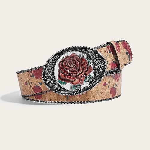 Damen Gürtel PU Rote Khaki Taillengürtel Outdoor Ferien Blumen