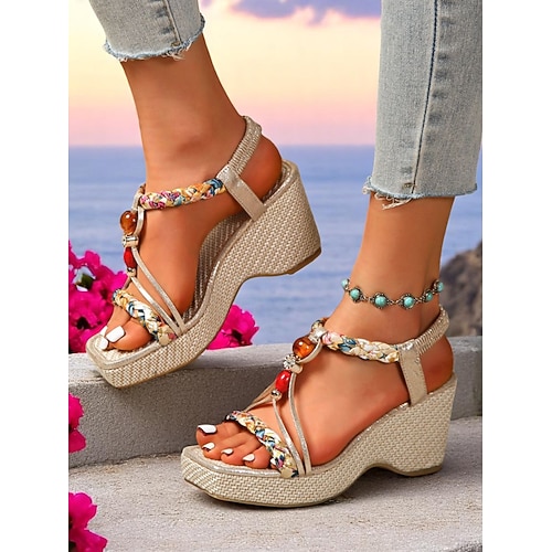 Keilsandalen mit Perlenriemen für Damen – Boho-Sommerschuhe mit Edelsteinakzenten für Resort-Kleidung und Urlaub am Meer Image
