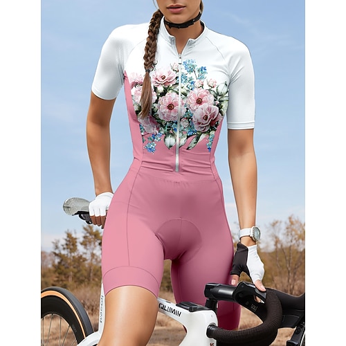 Damen Triathlonanzug Kurzarm Mountainbike MTB Straßenradsport Sommer Rosa Grafik Pflanzen Blumenmuster Fahhrad Schnelltrocknend UV-beständig Frontreißverschluss Rückentasche Elastisch Spandex Sport Image