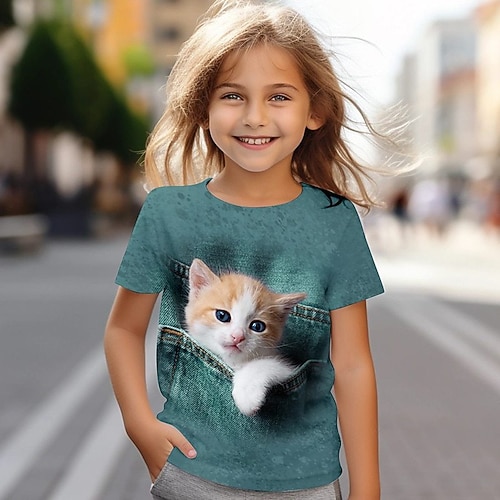 Mädchen 3D Katze T-Shirt Kurzarm Sommer Frühling Mode Basic Kinder 4-12 Jahre Rundhalsausschnitt Outdoor Lässig Täglich Normale Passform Image