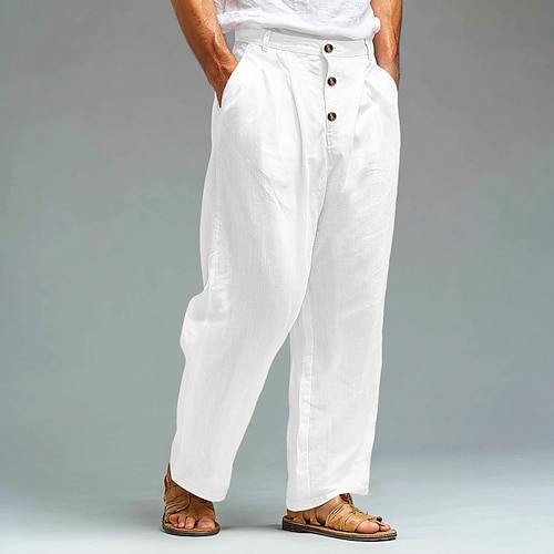 Herren Leinenhosen Hose Sommerhose Strandhose Fronttasche Gerader Schnitt Einfach Komfort Atmungsaktiv Knielang Lässig Täglich Ferien Urlaub Mode Schwarz Weiß Image