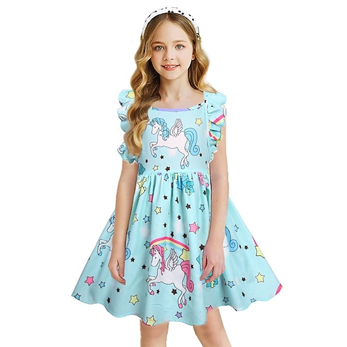 Kinder Mädchen Kleid Regenbogen Einhorn Stern Kurzarm Lässig Lässig Süß Baumwolle Über dem Knie Freizeitkleid A Linie Kleid Sommer Frühling 3-8 Jahre Hellblau Hellgrün Rosa Image