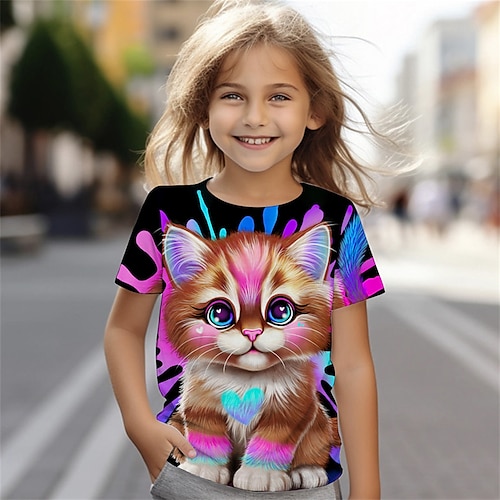 Lil Kitty von Sheena Pike Mädchen-T-Shirt mit 3D-Katze, kurzärmelig, Sommer, Frühling, Mode, Basic, Kinder, 4–12 Jahre, Rundhalsausschnitt, Outdoor, lässig, täglich, normale Passform Image