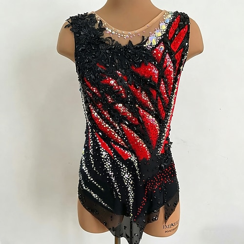 Turnanzug für Rhythmische Sportgymnastik Damen Mädchen Eiskunstlauf Gymnastikanzug Schwarz Daumenloch Halo-Färbung Hohe Elastizität Professionelle Wettkampf-Eiskunstlaufbekleidung Kristall/Strass Image