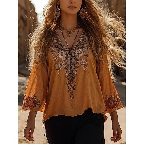 Damen Bluse Blumen Grafik Bohemien Vintage Täglich Dreiviertelarm Rundhalsausschnitt U-Boot-Ausschnitt Normale Oberteile Täglich Ferien Urlaubskleidung Druck Gelb Sommer Frühling