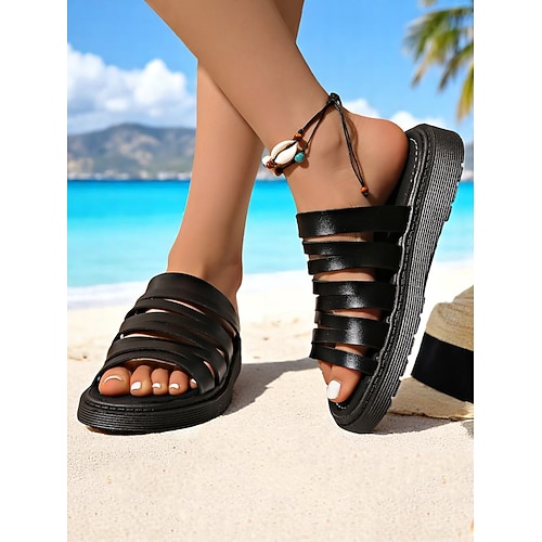 Braune Slide-Sandalen mit mehreren Riemen für Damen – lässige Ballerinas aus Kunstleder für Strand-, Resort- und Urlaubsoutfits Image