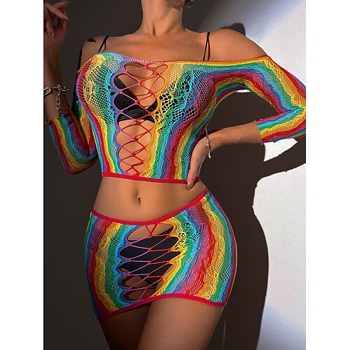 Stolz LGBTQ Karneval Bodysuit Sexy Drag und Glamour Netz Fischnetz Regenbogen gestreift Erwachsene Damen Halloween Pride Parade Pride-Monat Rave-Festival Einfaches Karnevalskostüm Verkleiden Image