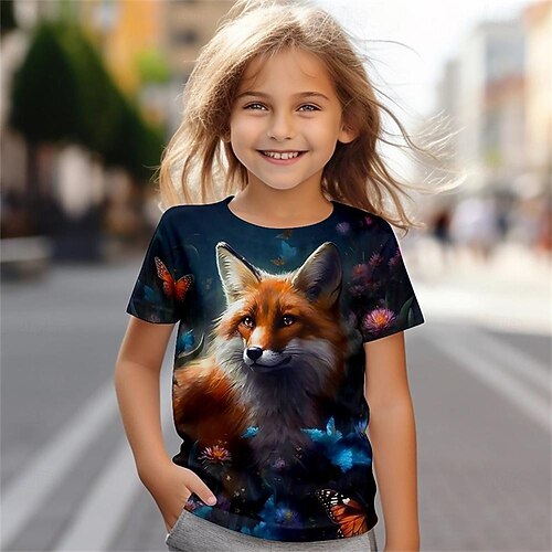 Mädchen 3D Tiermotiv T-Shirt Kurzarm Sommer Frühling Mode Basic Kinder 4-12 Jahre Rundhalsausschnitt Outdoor Lässig Täglich Normale Passform Image