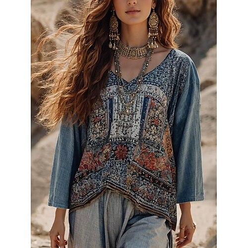 Damen Bluse Blumen Grafik Bohemien Vintage Täglich Dreiviertelarm Rundhalsausschnitt U-Boot-Ausschnitt Normale Oberteile Täglich Ferien Urlaubskleidung Druck Staubiges Blau Sommer Frühling