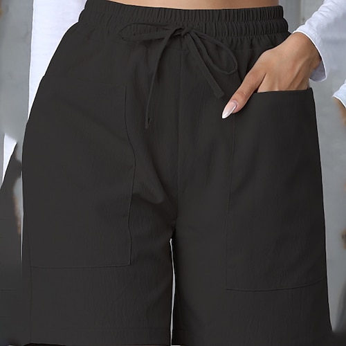 Damen Kunstbaumwollleinen Shorts Stoffhosen Streetwear Lässig Kurz Natürliche Taille Einfach Tasche Elastisches Kordelzugdesign Außenbereich Bequem Straße Alltagskleidung Pfirsich Aprikose Grau Image
