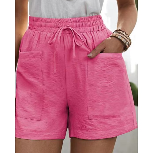 Damen Kunstbaumwollleinen Shorts Stoffhosen Streetwear Lässig Kurz Natürliche Taille Einfach Tasche Elastisches Kordelzugdesign Bequem Outdoor Ausgehen Aprikose Hyazinth Schwarz Weiß Sommer Normale Image