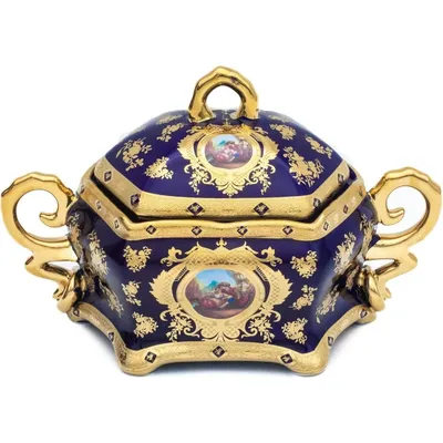 Royalty Porcelain Vintage Serving Tureen - Soup Pot with Lid - Luxurious Blue and Gold Design -