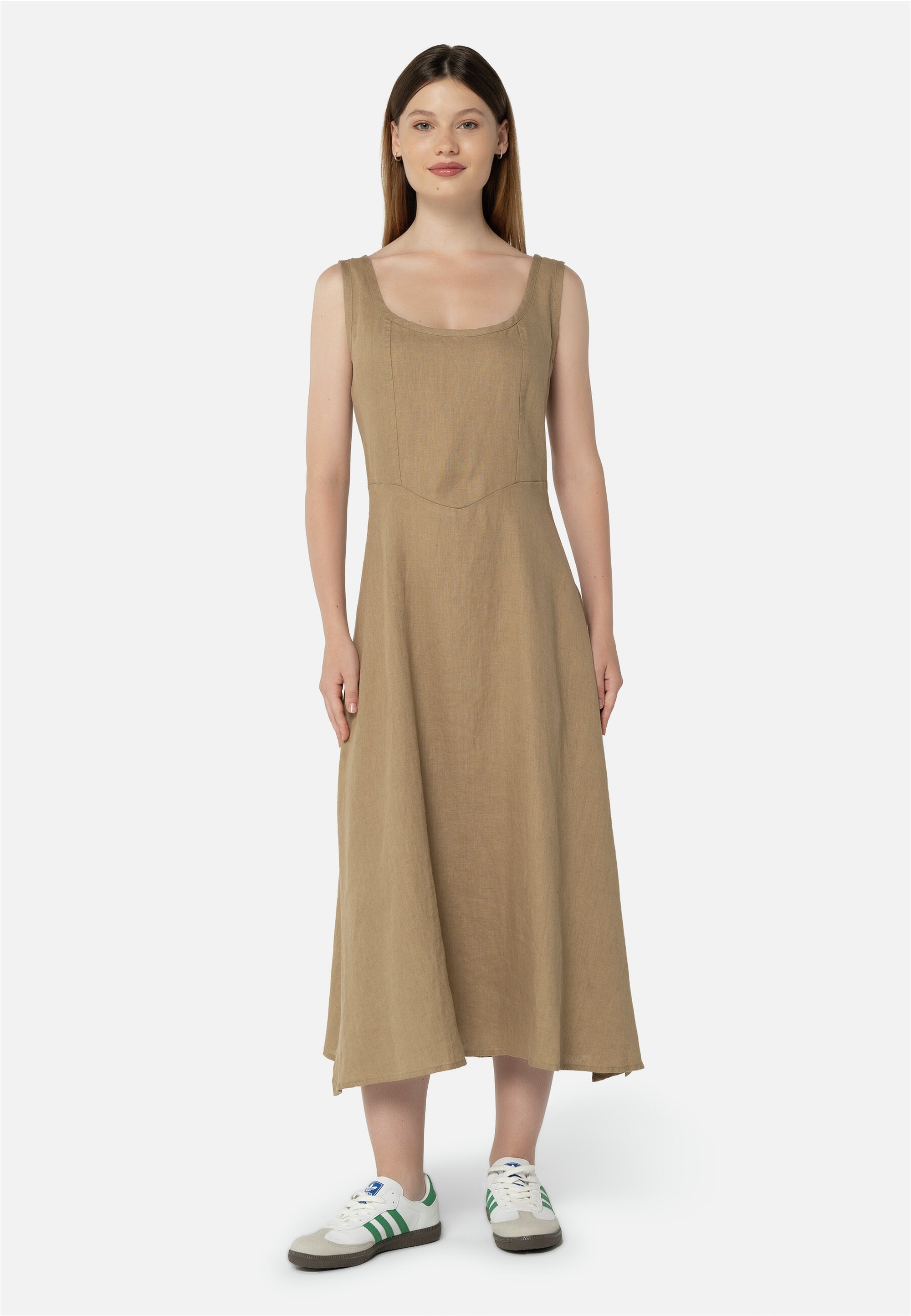 Jerseykleid FRESHLIONS "Lucy", Damen, Gr. XL, EURO-Größen, braun, 100% Leinen, unifarben, lang, Rundhals, Kleider Jerseykleid, im angesagten Casual-Stil