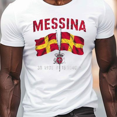 TEMU [1pc Messina Emblem Graphic Tee] Men's Messina Emblem Graphic Tee, Polyester Crew Neck T-shirt, Casual Knit Fabric Top, Regular Fit, With Geometric Pattern, For Adults, Summer Wear Image