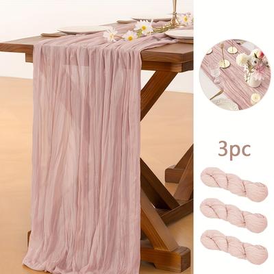 TEMU 3pcs Light Pink Braided Table Runner Set - 90x300cm, Bohemian Gauze Cheese Cloth Tablecloth, Weddings, Bridal Showers, Valentine's Day Decor, And Dining, Wedding Decorations Image