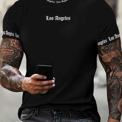 TEMU Men's Los Angeles Graphic T-shirt - Quick-dry, 3d Crew Neck Tee, Green With White Lettering & Los Angeles , Lightweight Polyester For Wear Image