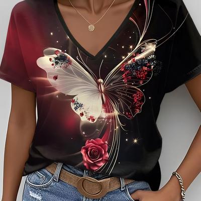 TEMU Women's Summer Top, Fashionable Design, Minimalist Style, Romantic And T-shirt For S, Artistic , Daily , , Versatile With Print V-neck In Red And Black Contrast Image