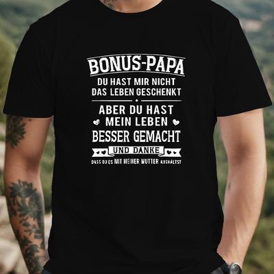"TEMU Men's Plus Size "bonus-papa" Graphic T-shirt - Casual Crew Neck, Short Sleeve, Lightweight & Breathable, Ideal For Summer, Casual Attire| Text Design|lightweight Shirt" Image