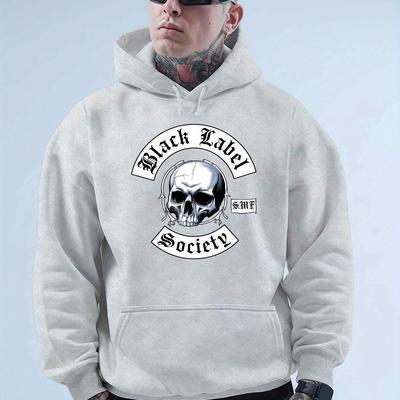 TEMU 1pc Black Label Men's Hoodie - Casual Long Sleeve Pullover, Polyester Knit, , Regular Size, With Skull Print For Top Image