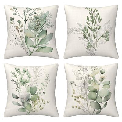 TEMU 4pcs Green Leaf Pattern Spring And Summer Pillowcase, Modern Watercolor Design, Suitable For Sofa, Bedroom And Living Room Decoration, No Pillow Core, Single Side Linen Image