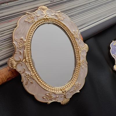 TEMU Glass Surface Varnished Metal Frame Portable Tabletop Mount Makeup Mirror With Flowers Theme, No Electricity Required Image