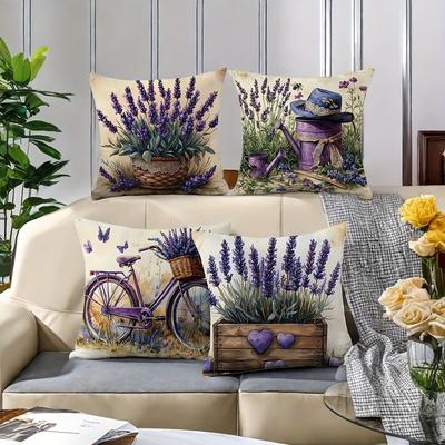 TEMU 4pcs Lavender & Bicycle Themed Pillow Covers - Modern Zipper Closure, Polyester Cushion Cases, Purple Floral & Retro Room Decor, Machine Washabl Image
