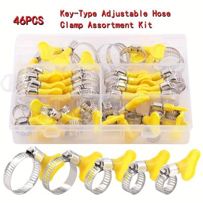 TEMU 46pcs Key-type Adjustable Hose Clamp Assortment Kit, Stainless Steel Worm Gear Clamps With Plastic Handles, 8-29mm Range, Suitable For Water Pipes, Pipes, Cars, And Machinery Applications Image