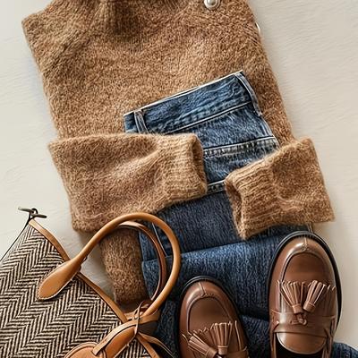 TEMU Women's Casual Wool Sweater - Soft Round Neck Sleeve Button-up Pullover, Cozy Fall Winter Top For Everyday Outfits, Sweater, Autumn Wardrobe, Oversized Buttons, Textured Fabric, Thick Knitwear Image