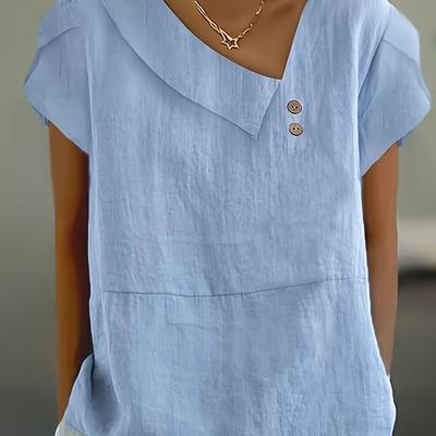 TEMU Women' Blue Casual Blouse With Sleeves & Decorative Buttons - Elegant V-neck Top For Spring/summer, Comfortable Button-up Shirt For Casual Attire, Ladies Blouses Image