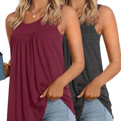 TEMU Women' Two-piece Casual Top Set - Green & Black Sleeveless Tank Tops With Ruched Detail, Round Neck, , Casual Attire|ruched |, Ladies Tank Tops Image