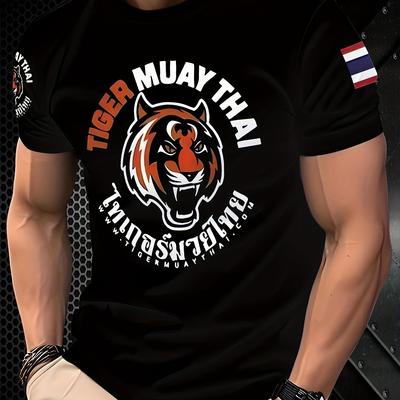 "TEMU Men's 3d Tiger Print T-shirt - Black Casual Summer Crew Neck Tee With "" Design, Short Sleeve, Lightweight & Breathable For Casual Attire, Breathable Clothing | Graphic Tee | Smooth Texture" Image