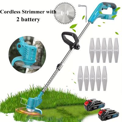 TEMU Electric Lawn Mowers 18v Cordless Grass Trimmer Compatible With Makita Dur181z, Lightweight Lawn Edger Tool For Trimming Grass , Li- With 2x And Charger, 10xmetal Blades And 1xsaw Blade Image