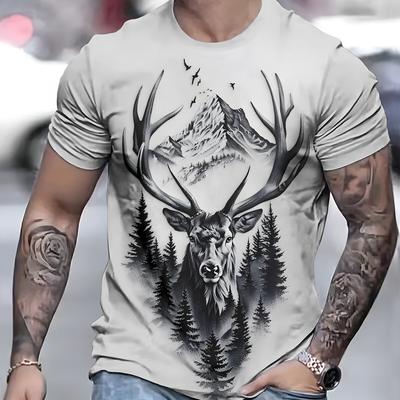 TEMU Alai 3d T-shirt - Deer & Scene Design, Casual Round Neck Tee, Machine Washable Regular Fit For Outdoor & Casual Attire, Natureinspired Apparel, Nature Scene Design, Detailed Graphic Tee Image