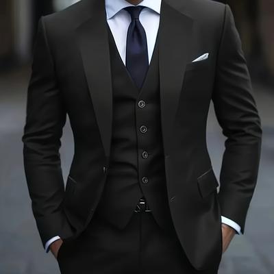 TEMU 3pcs Elegant Men's Suit Set - Single-breasted Jacket, Vest, And Trousers - Professional Casual, Date Outfit, Workwear, Groomsmen Attire, Party Wear Image