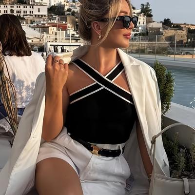 TEMU Women's Elegant French-inspired -back Sleeveless Top - Black & White Contrast Trim, Slim Fit Stretchy Fabric For Spring Summer Fall, Casual & Formal Wear Image