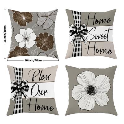 TEMU 4pcs Spring Throw Pillow Covers Floral Bow Grey Brown Cosy Soft Decorative Couch Cushion Covers 1 Sided Printing Velvet For Summer Living Room Bedroom Sofa Bed Decor Without Pillow Inserts Image