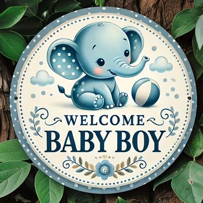 TEMU [2d Flat] 1pc Welcome Baby Boy Elephant Decoration Painting, Retro Metal, 7.8x7.8-inch Round, Aluminum, Bedroom, Living Room, , Bar, Coffee Shop, Garage Decoration, With , Room Decor Image