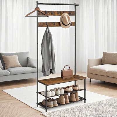 TEMU Wardrobe Stand, Wardrobe With Shoe Bench, Clothes Stand, Clothes Rail, 9 Removable Hooks, 32.2 X 84 X 180 Cm, -black Image