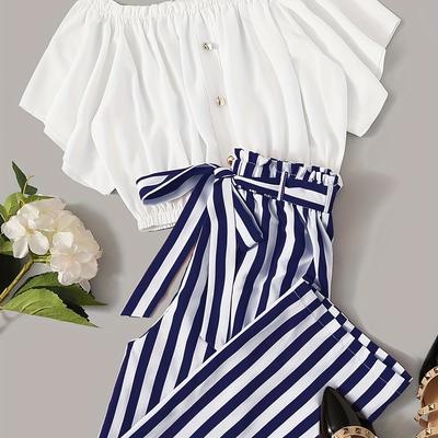 TEMU Yy0107010 Pleated Button Top And Striped Paper Bag Waist Skirt Set Image