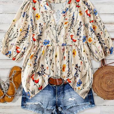 TEMU Women's Plus Size Floral Print Blouse With Short Sleeves - Casual V-neck, Loose Fit, Non-stretch Fabric, Summer Top For Casual Attire, Casual Summer Top|floral Print Top| Top Image