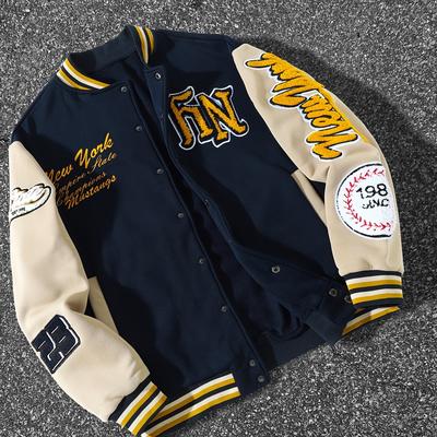 TEMU Men's Casual Letter Embroidery Baseball Jacket, Chic Color Block , Ny School Style, Fleece Lining Image