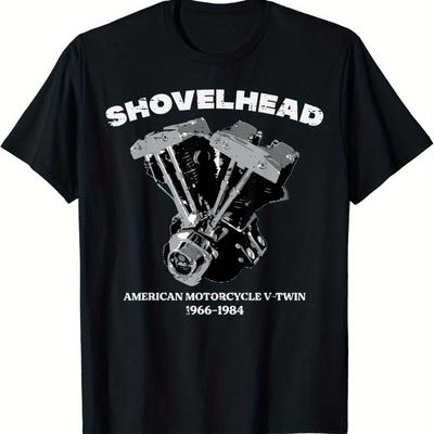 "TEMU Men's Vintage Biker Motorcycle Engine Graphic T-shirt, 100% Cotton, Breathable Short Sleeve, Black Retro Design With "" Print, Comfortable Casual Wear For All , Clothing | Vintage Biker Style |" Image