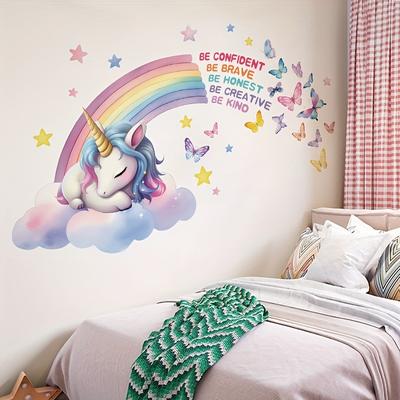 TEMU English Inspirational Rainbow Unicorn Wall Stickers Warm Bedroom Style Theme Decorative Stickers Image