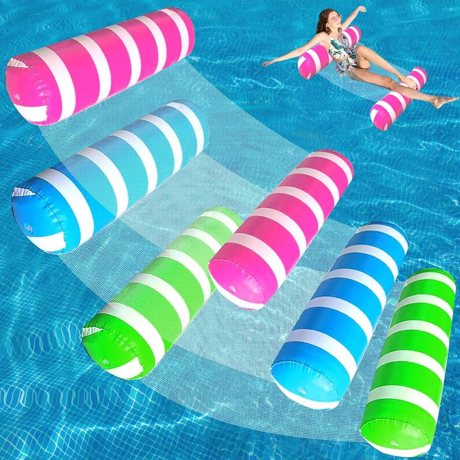 Schwimmbadpartys, faltbarer, gestreifter, aufblasbarer Lounge-Stuhl, geeignet für Strand- und Freizeit-Schwimmbetten mit Netzrückenlehne Image