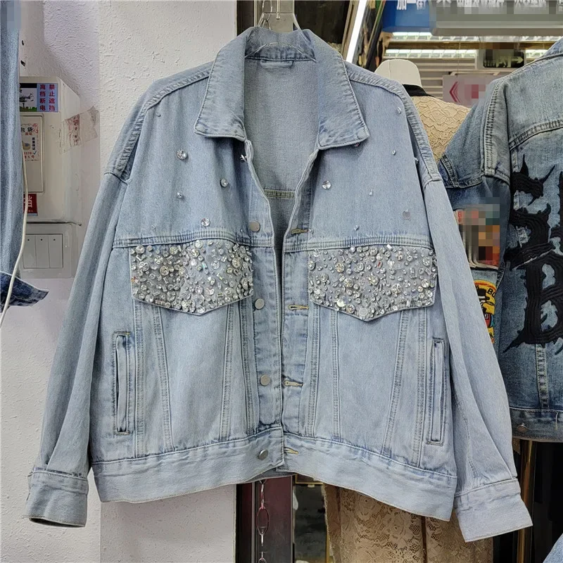 Schwere Arbeit Diamanten Denim Jacke Frauen Lose Vintage Blau Kurze Cowboy Oberbekleidung Frühling Herbst Casual Jeans Jacke Mantel Weibliche
