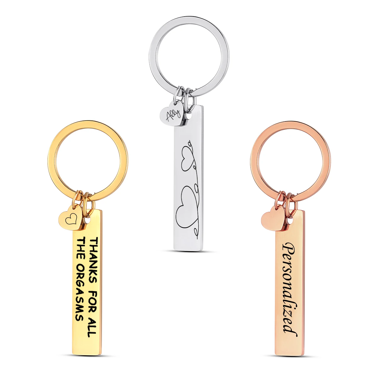 1-teiliger individueller Herz-Bar-Schlüsselanhänger aus Edelstahl mit individuellem Namen und Datum, Logo, Anti-Verlust-Schlüsselanhänger, personalisiertes Geschenk für Paare Image